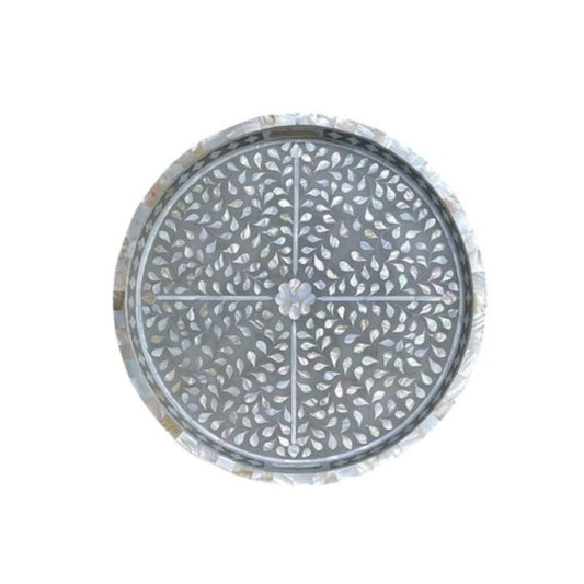 Pearl Inlay Round Tray Floral Grey