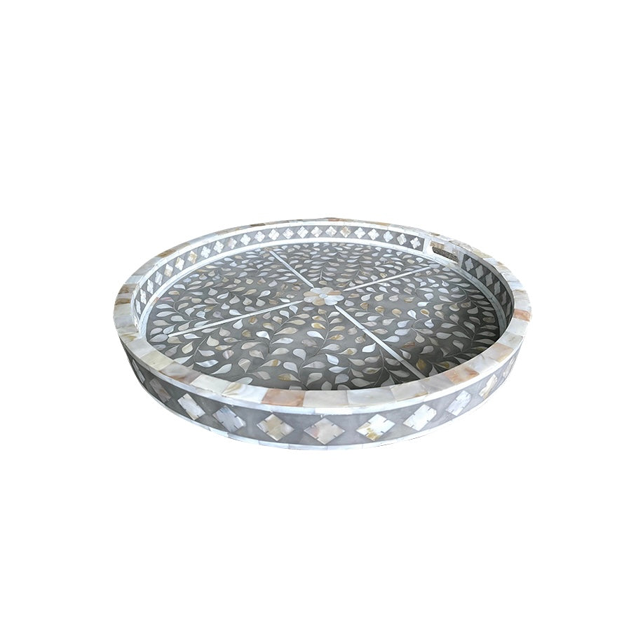 Floral Grey Pearl Inlay Round Tray 
